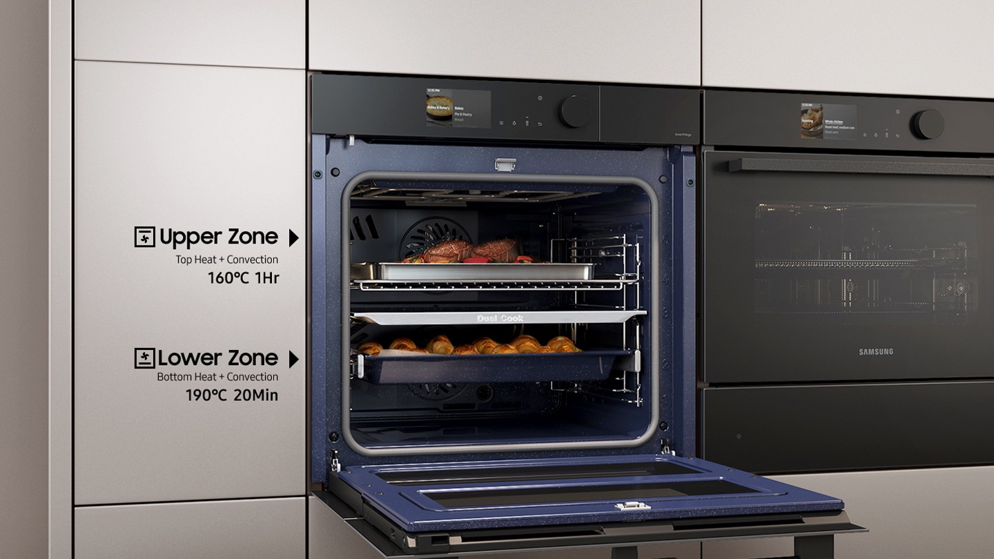 Backofen gefüllt mit Speisen auf zwei verschiedenen Ebenen und Beschriftung Upper Zone bzw. Lower Zone