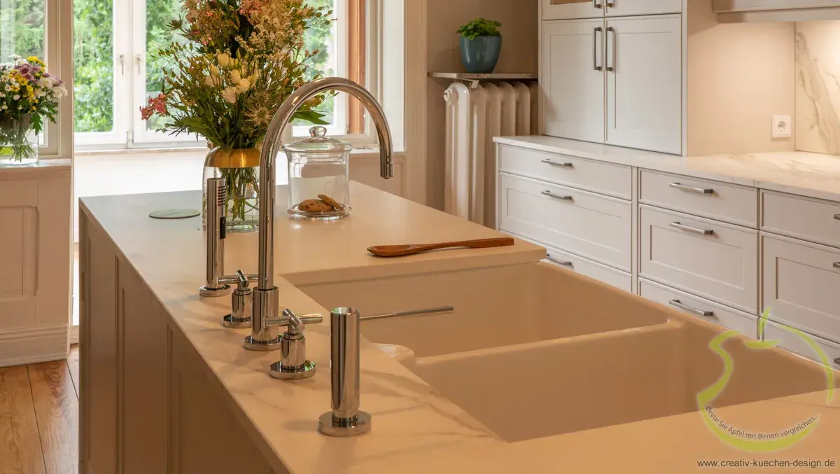 Moderne helle Küche mit weißer Arbeitsplatte, Spülbecken und frischen Blumen.